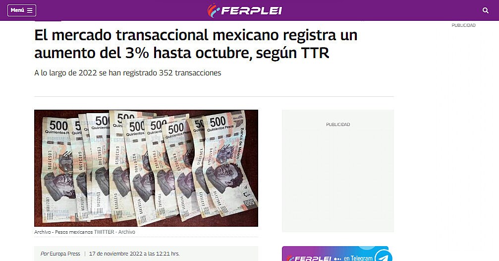 El mercado transaccional mexicano registra un aumento del 3% hasta octubre, segn TTR